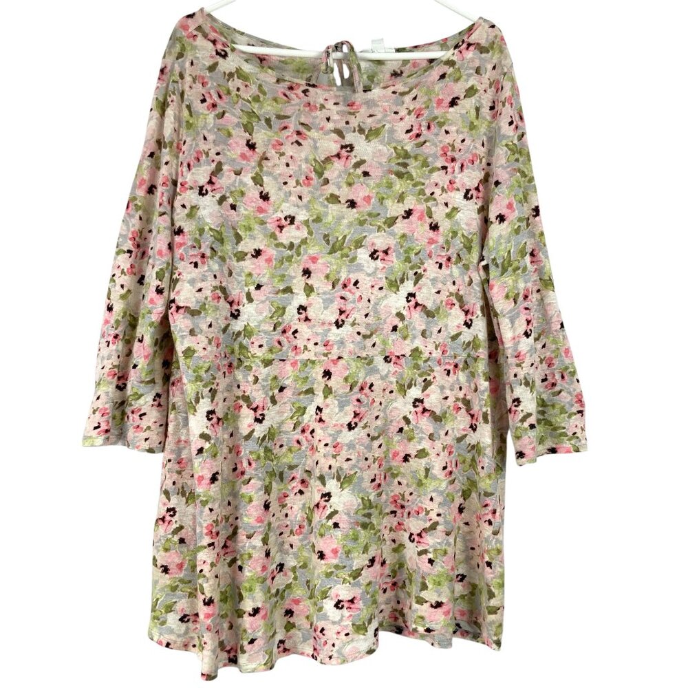J.Jill Love Linen Pink Floral Tunic Top M Pullover Boat Neck 3/4 Sleeve Back Tie